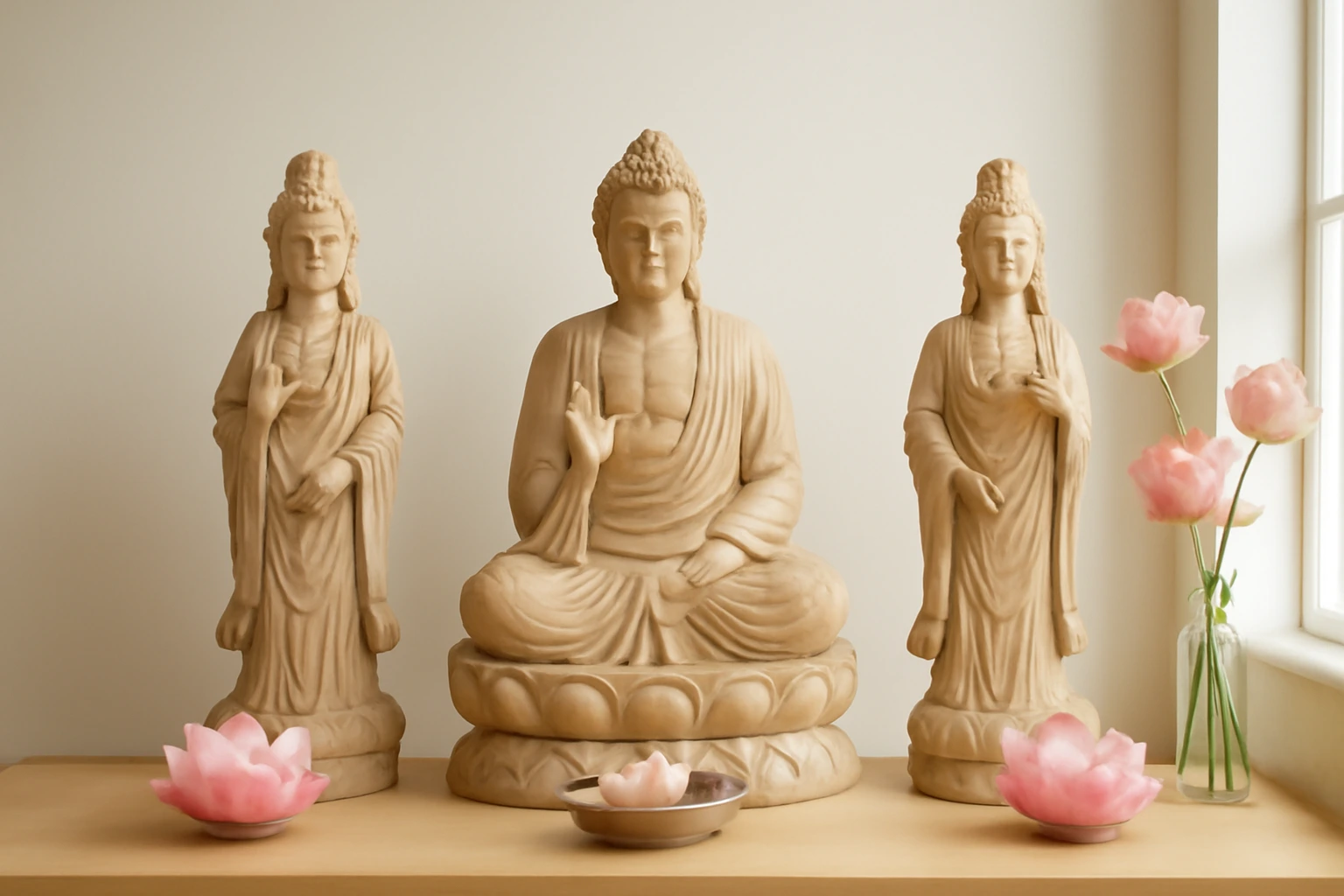 Bày Tây Phương Tam Thánh tại gia: thứ tự, tỷ lệ tượng, vị trí của Đại Thế Chí và những lưu ý cho bàn thờ nhỏ
