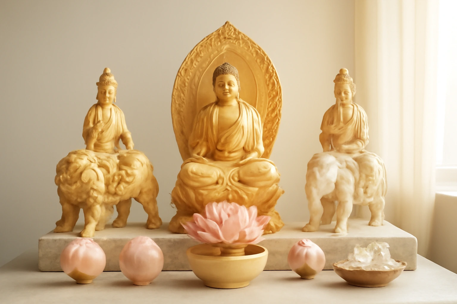Văn Thù trong chùa Việt: nhận ra tượng trong bộ Thích Ca tam tôn và cách bày cùng Phổ Hiền tại gia